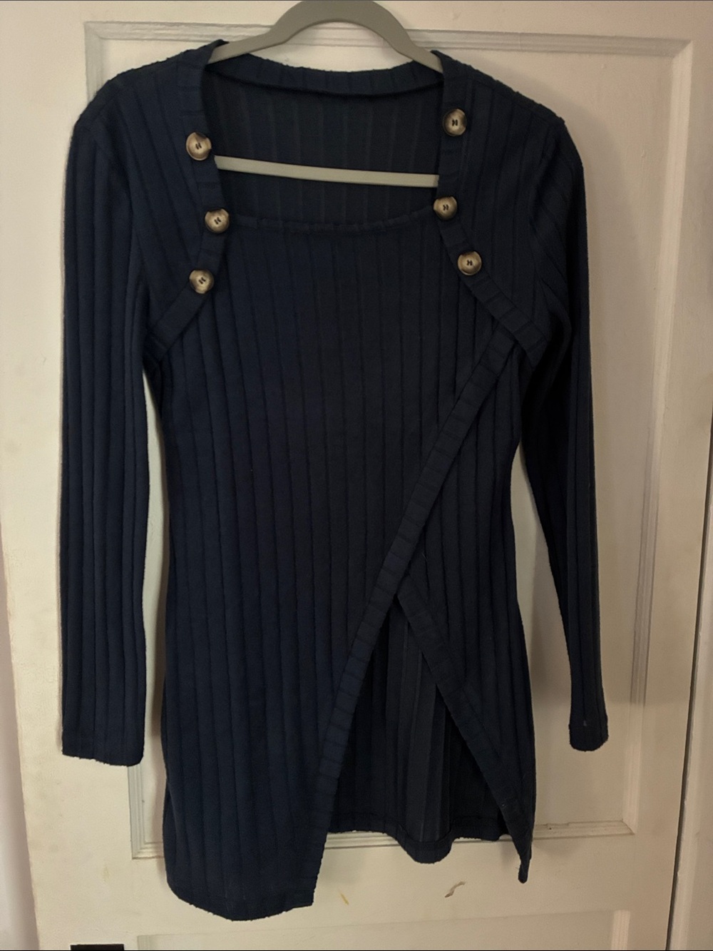 Navy Ribbed Button-Accent Women's Sweater